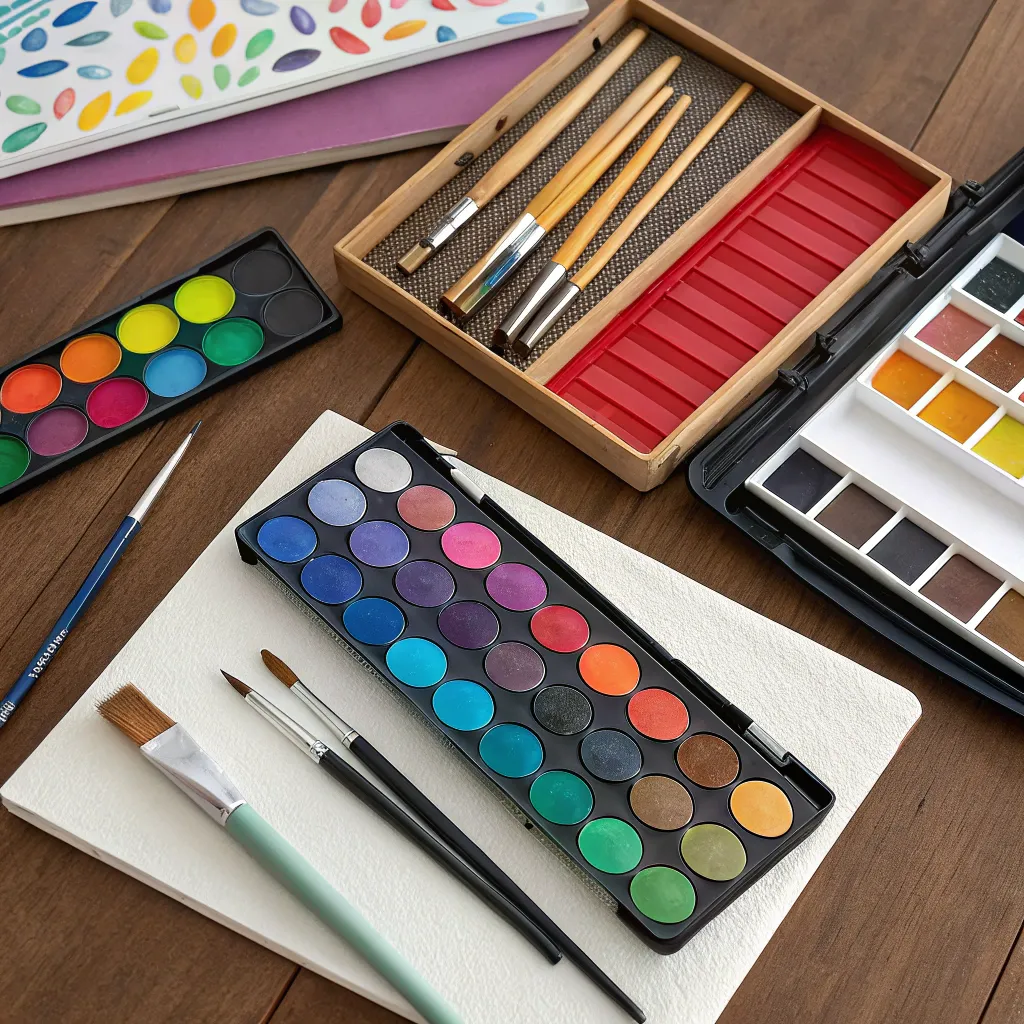 Colorful paints and art supplies laid out on a table