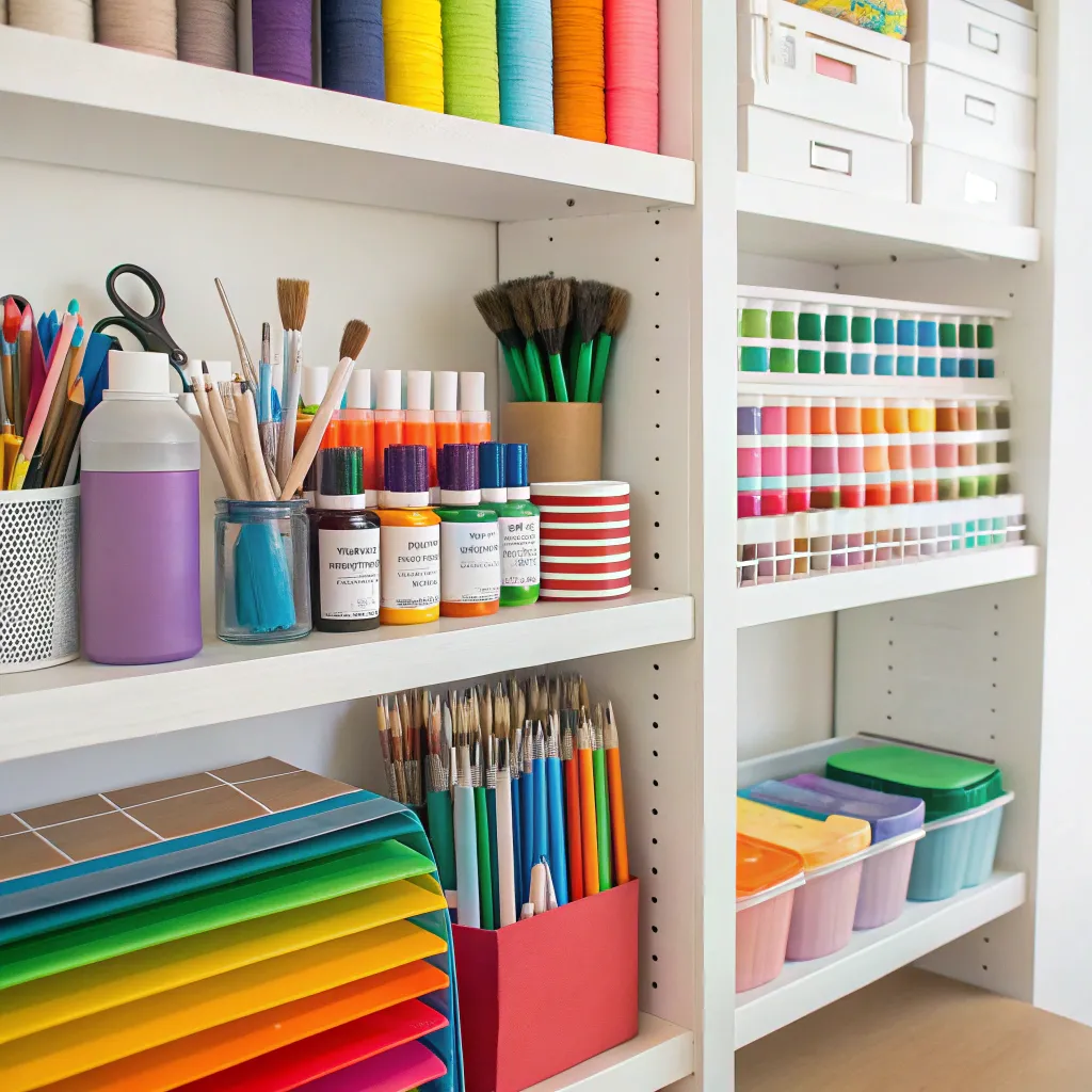Art and craft supplies neatly organized on shelves