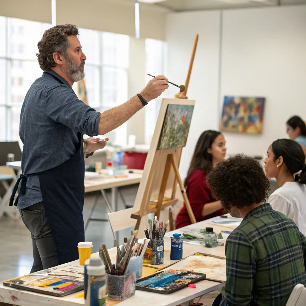 Stephen Harris teaching an art class with various supplies